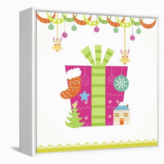 Christmas with Pink Gift Box and Decorations-null-Framed Premier Image Canvas