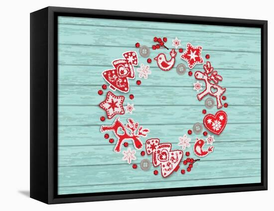 Christmas Wreath with Red and White Stylized Nordic Christmas Decorations on Blue Painted Wooden Bo-SMSka-Framed Stretched Canvas