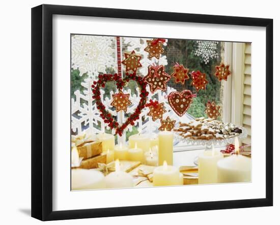 Christmassy Window Decorated with Biscuits and Candles-Linda Burgess-Framed Photographic Print