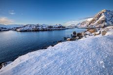 Snow over shore and mountains in winter, Lofoten Islands-Christophe Courteau-Photographic Print