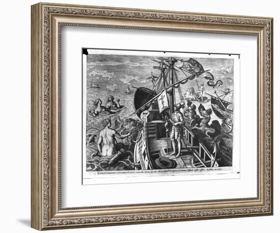 Christopher Columbus (1451-1506) on Board His Caravel, Discovering America-Jan van der Straet-Framed Giclee Print