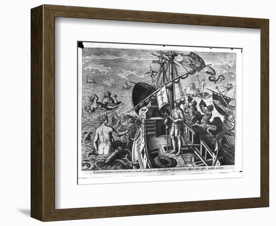 Christopher Columbus (1451-1506) on Board His Caravel, Discovering America-Jan van der Straet-Framed Giclee Print