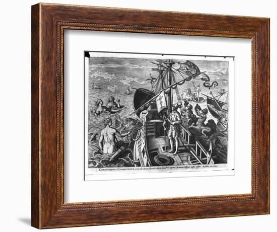 Christopher Columbus (1451-1506) on Board His Caravel, Discovering America-Jan van der Straet-Framed Giclee Print