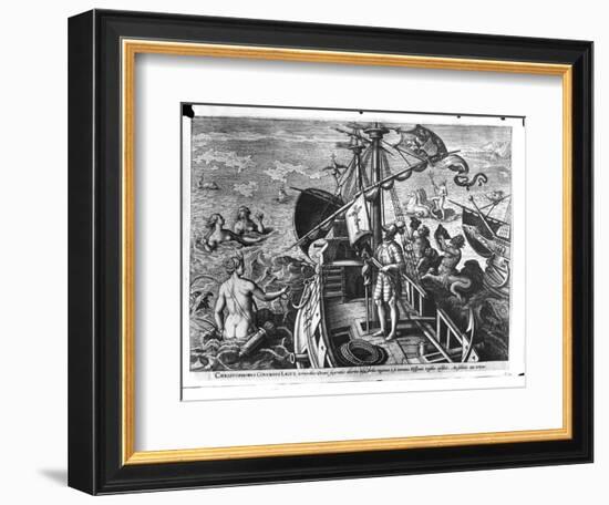 Christopher Columbus (1451-1506) on Board His Caravel, Discovering America-Jan van der Straet-Framed Giclee Print