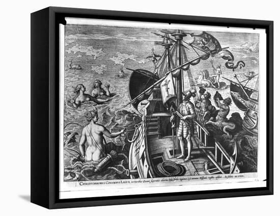 Christopher Columbus (1451-1506) on Board His Caravel, Discovering America-Jan van der Straet-Framed Premier Image Canvas