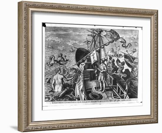 Christopher Columbus (1451-1506) on Board His Caravel, Discovering America-Jan van der Straet-Framed Giclee Print