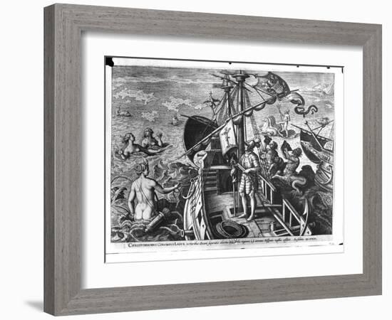 Christopher Columbus (1451-1506) on Board His Caravel, Discovering America-Jan van der Straet-Framed Giclee Print