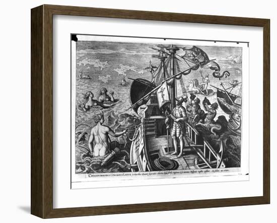 Christopher Columbus (1451-1506) on Board His Caravel, Discovering America-Jan van der Straet-Framed Giclee Print