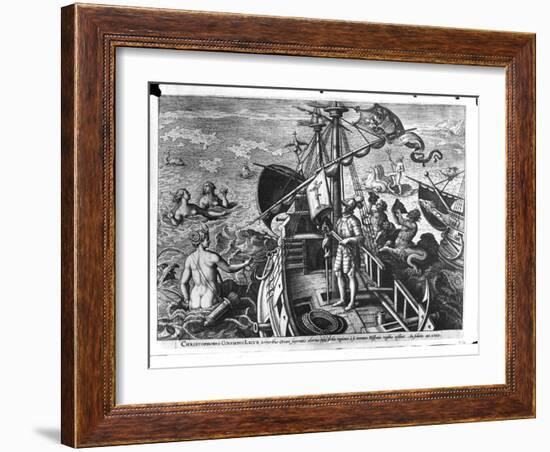 Christopher Columbus (1451-1506) on Board His Caravel, Discovering America-Jan van der Straet-Framed Giclee Print