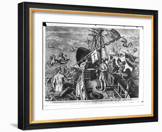 Christopher Columbus (1451-1506) on Board His Caravel, Discovering America-Jan van der Straet-Framed Giclee Print