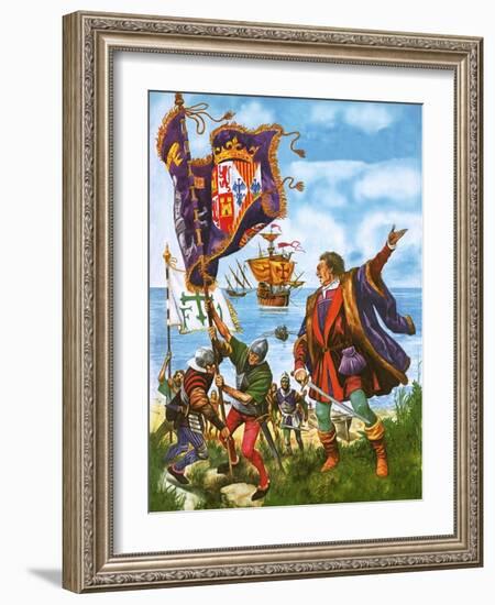 Christopher Columbus Planting the Spanish Royal Standard on the Newly Found Land of America-Peter Jackson-Framed Giclee Print