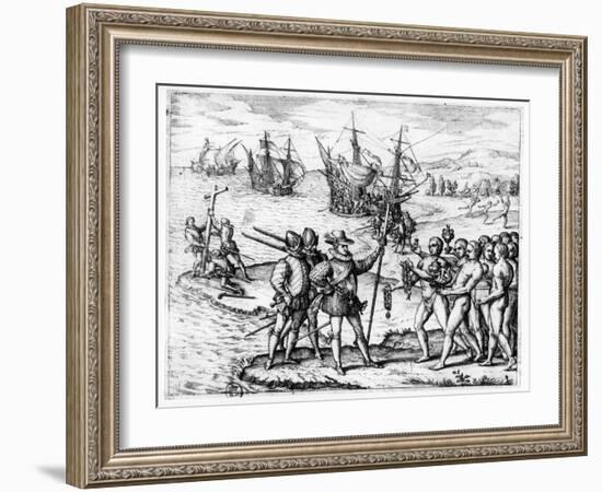 Christopher Columbus Receiving Gifts from the Cacique, Guacanagari-Theodor de Bry-Framed Giclee Print