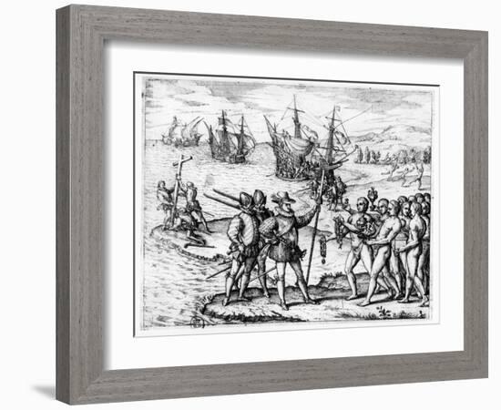 Christopher Columbus Receiving Gifts from the Cacique, Guacanagari-Theodor de Bry-Framed Giclee Print