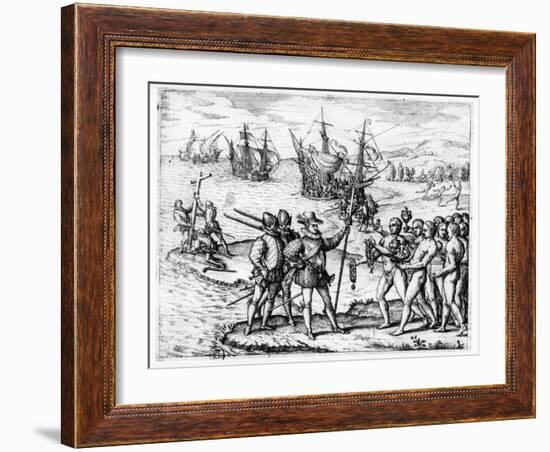 Christopher Columbus Receiving Gifts from the Cacique, Guacanagari-Theodor de Bry-Framed Giclee Print