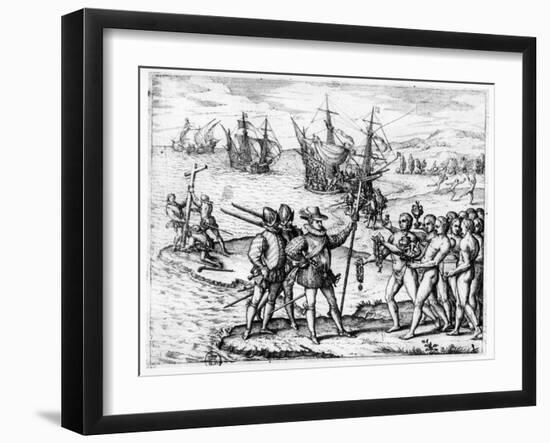 Christopher Columbus Receiving Gifts from the Cacique, Guacanagari-Theodor de Bry-Framed Giclee Print