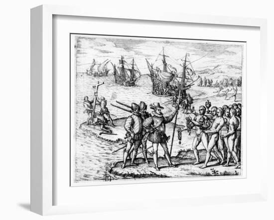 Christopher Columbus Receiving Gifts from the Cacique, Guacanagari-Theodor de Bry-Framed Giclee Print