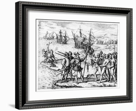 Christopher Columbus Receiving Gifts from the Cacique, Guacanagari-Theodor de Bry-Framed Giclee Print