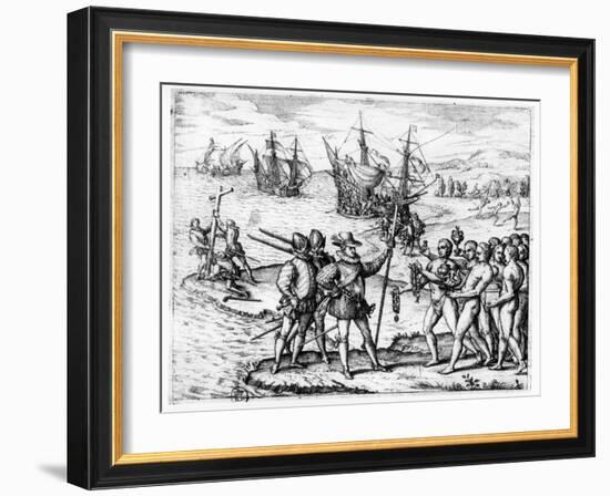Christopher Columbus Receiving Gifts from the Cacique, Guacanagari-Theodor de Bry-Framed Giclee Print