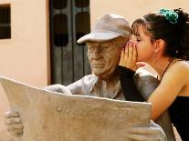 Girl in Quincinera (15th) Birthday Dress Whispering to Statue, Plaza Del Carmen, Camaguey, Cuba-Christopher P Baker-Framed Premier Image Canvas