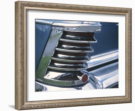 Chrome Fin on Blue Car-null-Framed Photographic Print