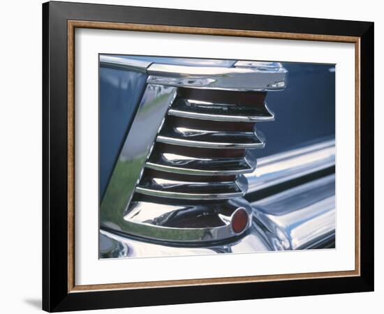 Chrome Fin on Blue Car-null-Framed Photographic Print