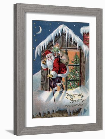 Chrsitmas Greetings from Colorado - Santa Climbing Out Window-Lantern Press-Framed Art Print