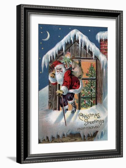 Chrsitmas Greetings from Colorado - Santa Climbing Out Window-Lantern Press-Framed Art Print