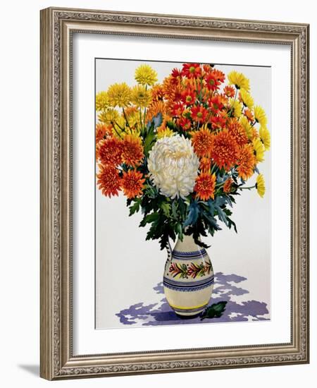 Chrysanthemums in a Patterned Jug, 2005-Christopher Ryland-Framed Giclee Print
