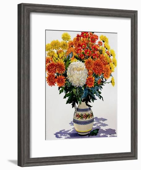 Chrysanthemums in a Patterned Jug, 2005-Christopher Ryland-Framed Giclee Print