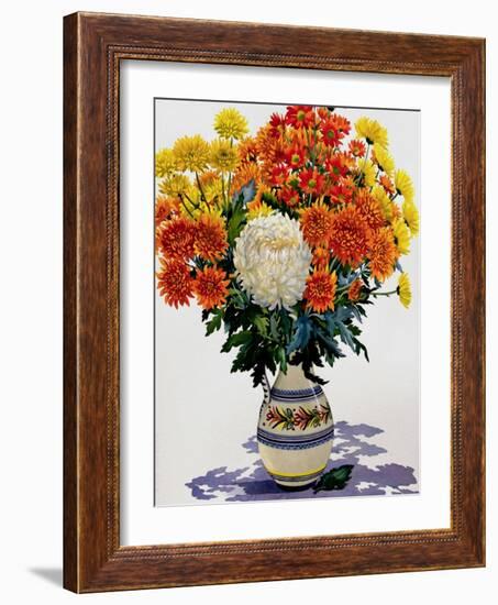 Chrysanthemums in a Patterned Jug, 2005-Christopher Ryland-Framed Giclee Print