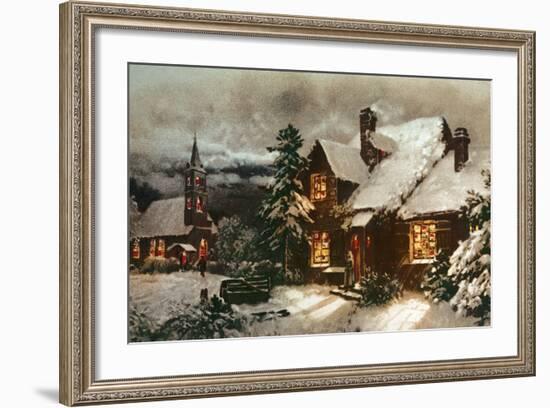 Church and Cottage with Lighted Windows-English School-Framed Giclee Print