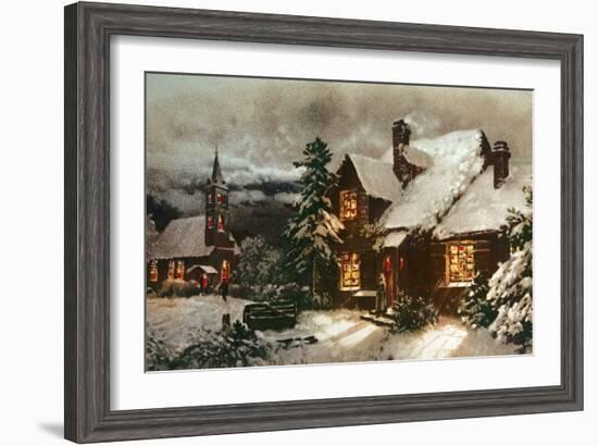 Church and Cottage with Lighted Windows-English School-Framed Giclee Print