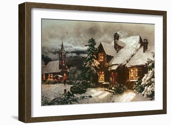 Church and Cottage with Lighted Windows-English School-Framed Giclee Print