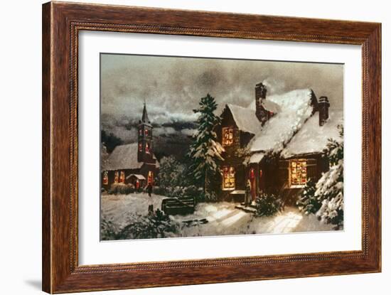 Church and Cottage with Lighted Windows-English School-Framed Giclee Print