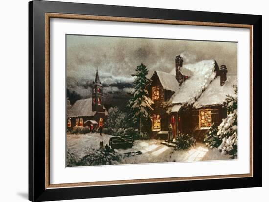 Church and Cottage with Lighted Windows-English School-Framed Giclee Print