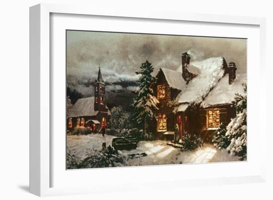 Church and Cottage with Lighted Windows-English School-Framed Giclee Print