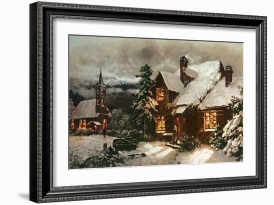 Church and Cottage with Lighted Windows-English School-Framed Giclee Print