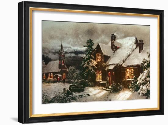 Church and Cottage with Lighted Windows-English School-Framed Giclee Print