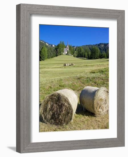 Church and Hay Bales, Vigo di Fassa, Fassa Valley, Trentino-Alto Adige/South Tyrol, Italy-Frank Fell-Framed Photographic Print