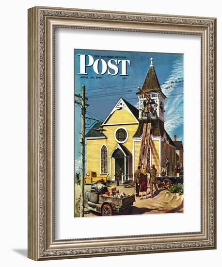 "Church Belfry Repair," Saturday Evening Post Cover, April 20, 1946-E. Melbourne Brindle-Framed Giclee Print