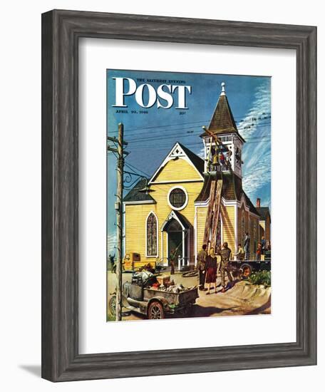 "Church Belfry Repair," Saturday Evening Post Cover, April 20, 1946-E. Melbourne Brindle-Framed Giclee Print