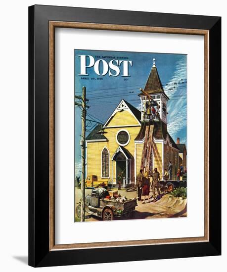 "Church Belfry Repair," Saturday Evening Post Cover, April 20, 1946-E. Melbourne Brindle-Framed Giclee Print