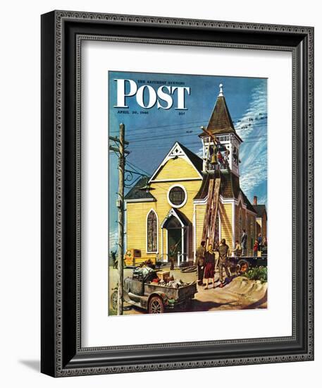 "Church Belfry Repair," Saturday Evening Post Cover, April 20, 1946-E. Melbourne Brindle-Framed Giclee Print