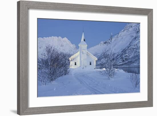 Church in Sildpollneset (Peninsula), Vestpollen, Austnesfjorden, Austvagoya (Island), Lofoten-Rainer Mirau-Framed Photographic Print