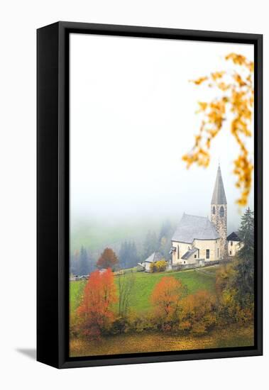 Church of Santa Magdalena in the autumn mist, Funes Valley, Sudtirol (South Tyrol), Dolomites, Ital-Francesco Bergamaschi-Framed Premier Image Canvas