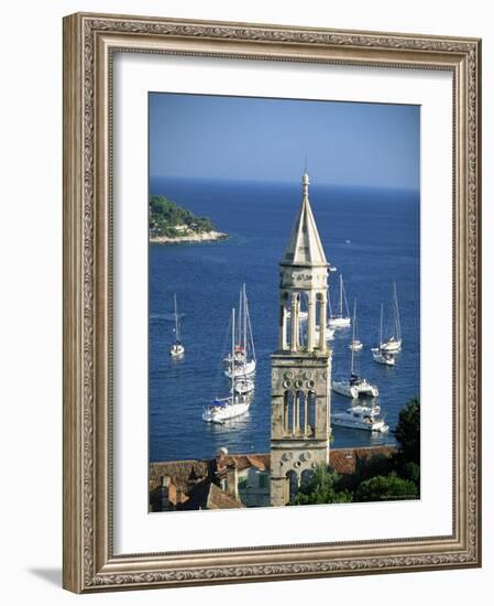 Church Spire and Boats in the Harbour, Hvar Town, Hvar Island, Dalmatia, Dalmatian Coast, Croatia-Gavin Hellier-Framed Photographic Print