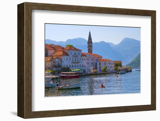 Church tower and houses on the Adriatic coast, Perast, Montenegro-Keren Su-Framed Photographic Print