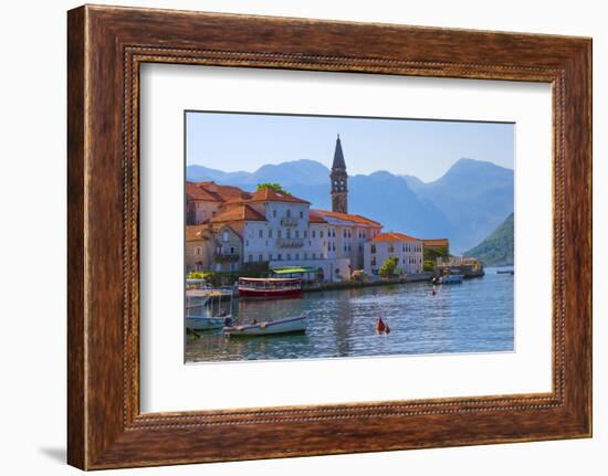 Church tower and houses on the Adriatic coast, Perast, Montenegro-Keren Su-Framed Photographic Print