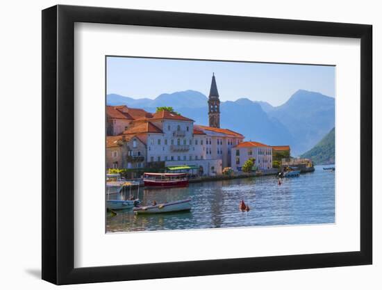 Church tower and houses on the Adriatic coast, Perast, Montenegro-Keren Su-Framed Photographic Print