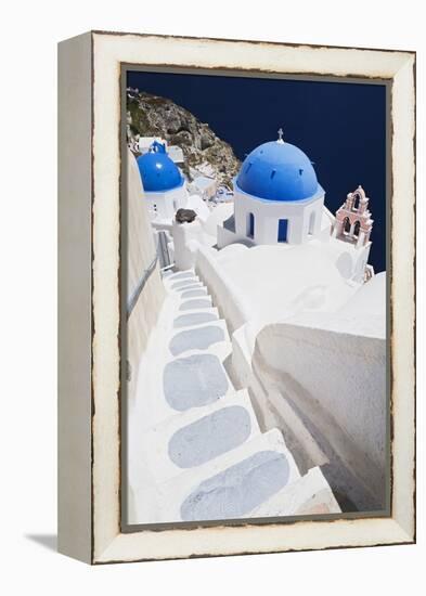 Church with Blue Dome with View of the Aegean Sea, Oia, Santorini, Cyclades, Greek Islands-Markus Lange-Framed Premier Image Canvas